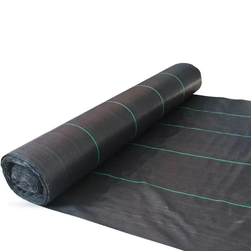 Black woven polyethylene weed control cloth laid on soil with size options shown