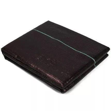 Black woven polyethylene weed control cloth laid on soil with size options shown