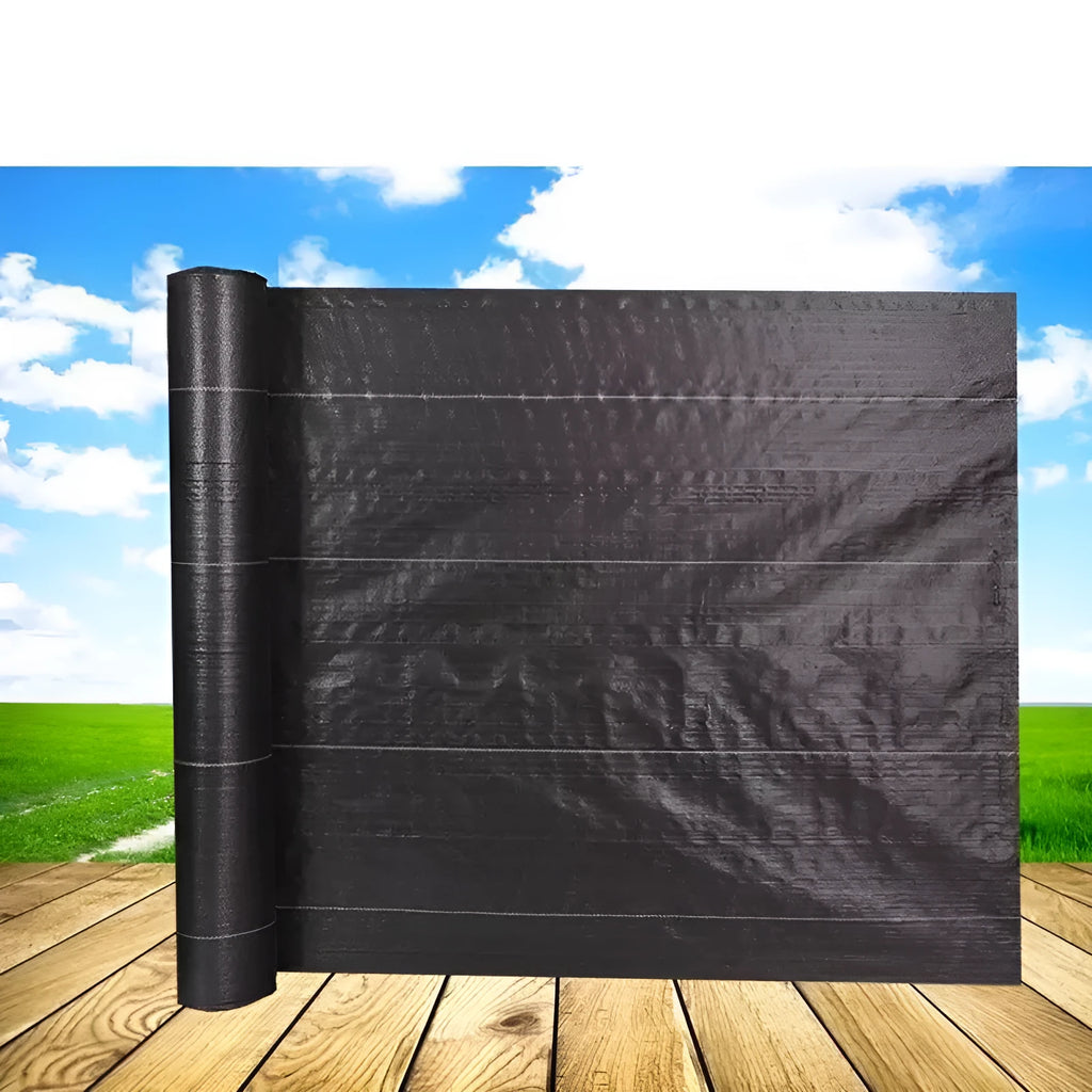 Black woven polyethylene weed control cloth laid on soil with size options shown