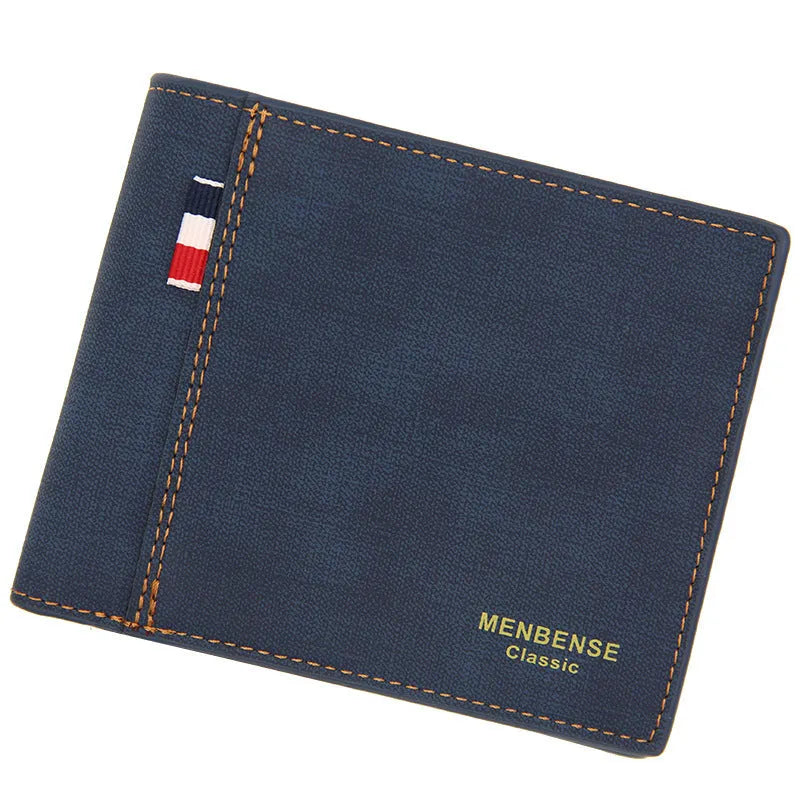 Men's tri-fold leather wallet in black, navy blue, dark brown, and light brown colours.