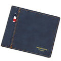 Men's tri-fold leather wallet in black, navy blue, dark brown, and light brown colours.