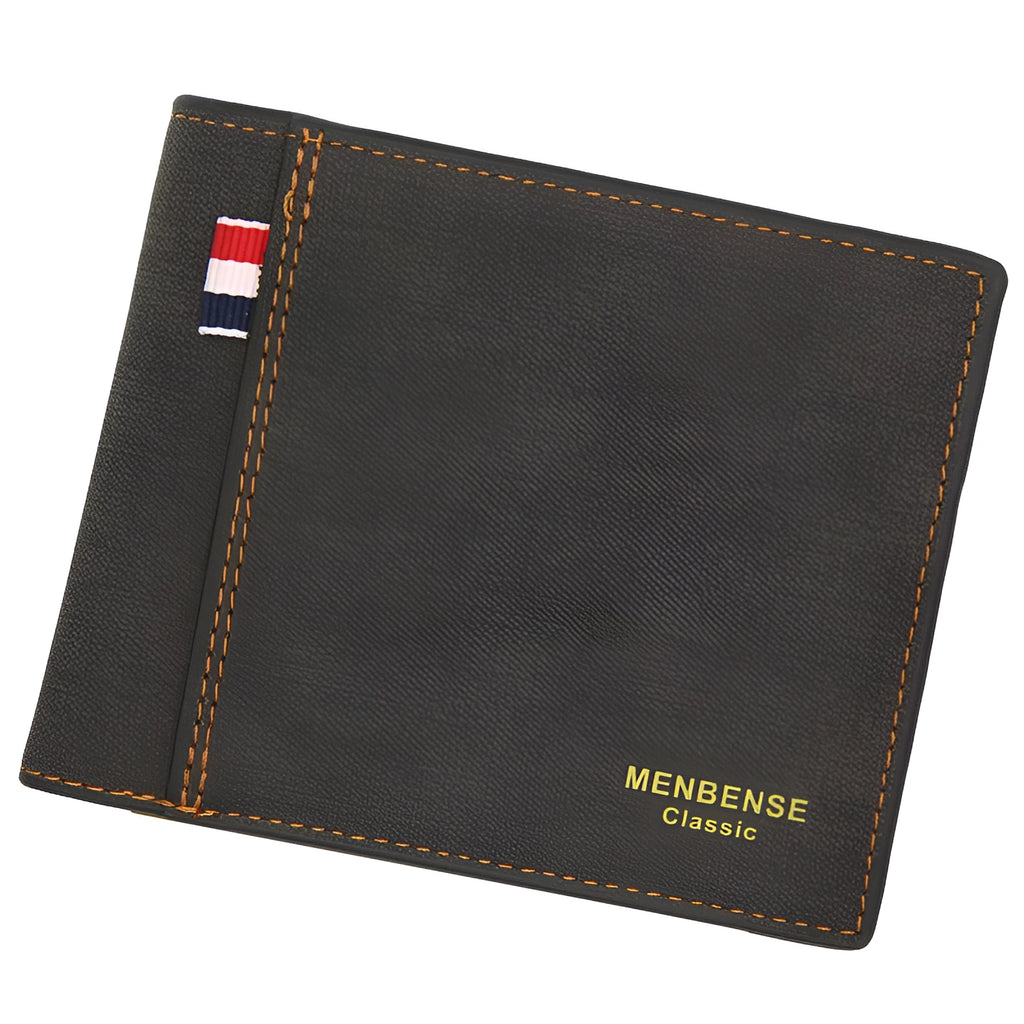 Men's tri-fold leather wallet in black, navy blue, dark brown, and light brown colours.