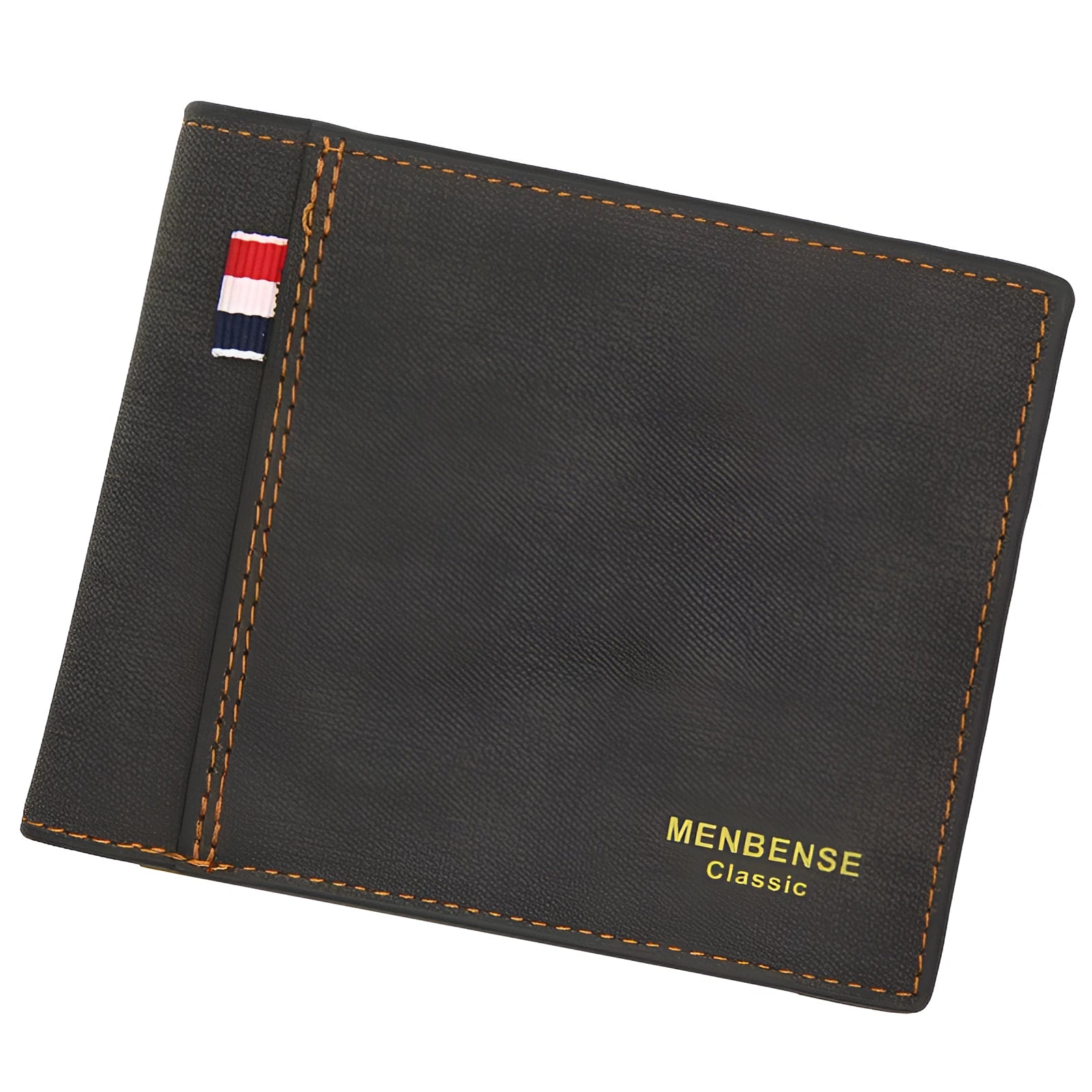 Men's tri-fold leather wallet in black, navy blue, dark brown, and light brown colours.