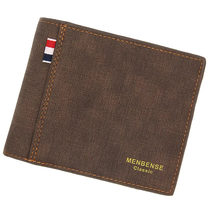 Men's tri-fold leather wallet in black, navy blue, dark brown, and light brown colours.