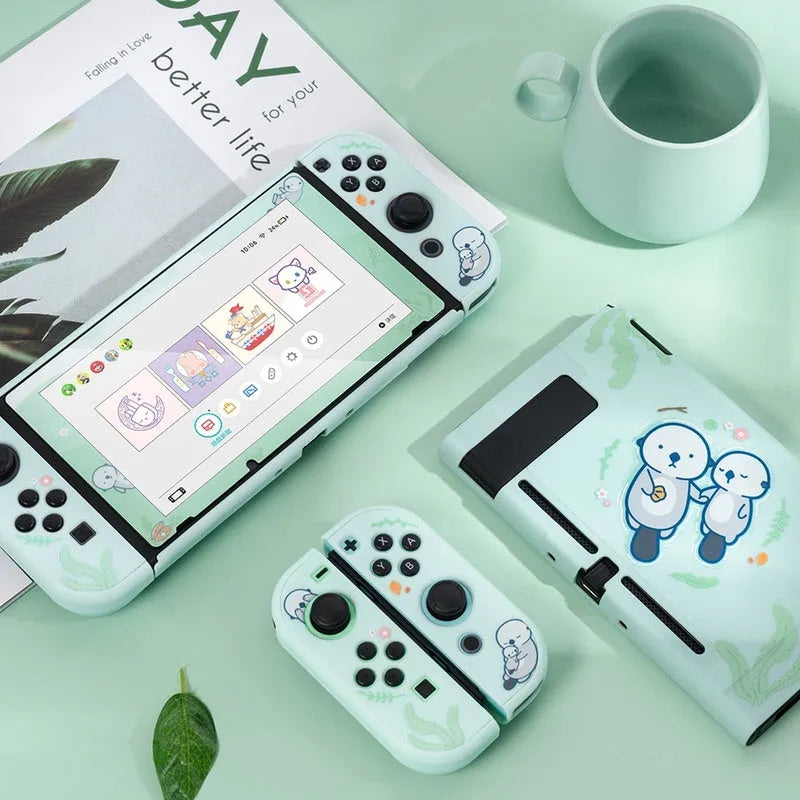 Nintendo Switch Lite protective case with PC hard front, silicone back grip, and waterproof controller sleeves