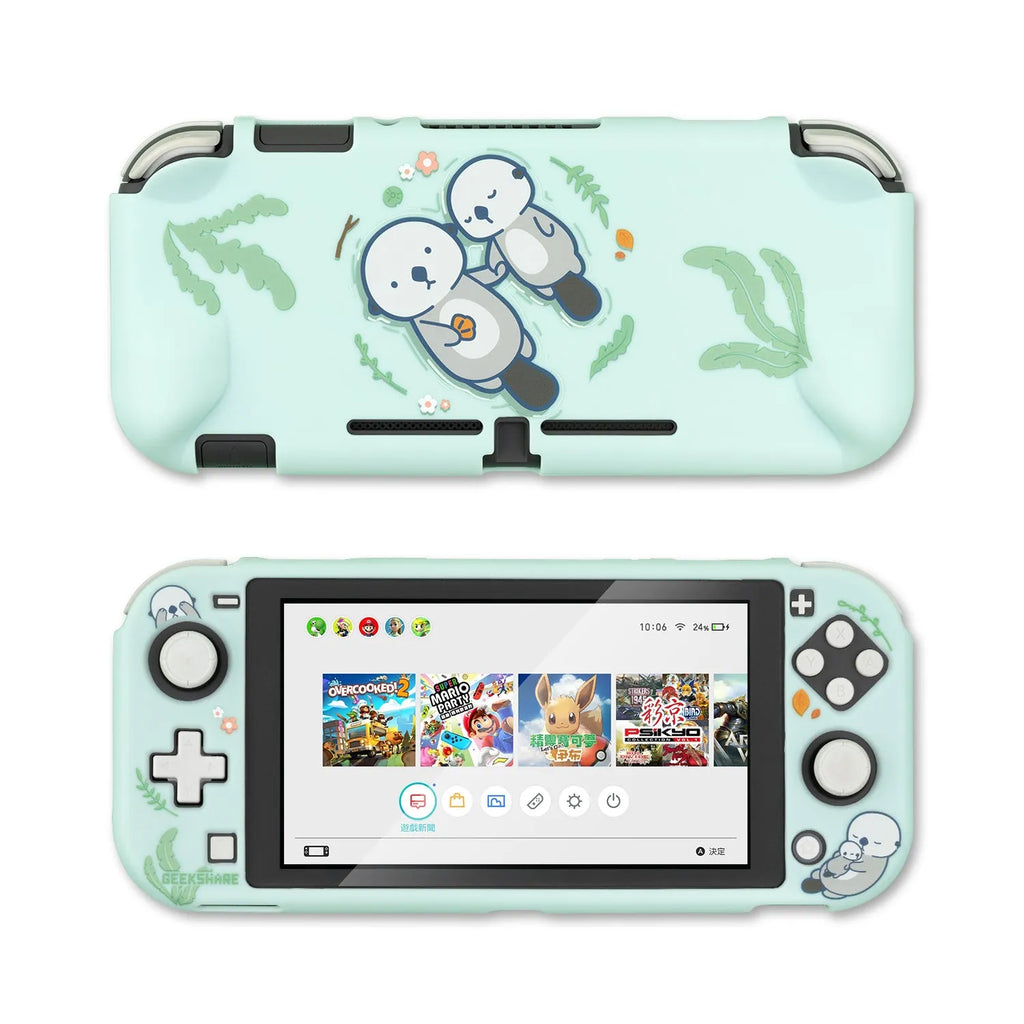 Nintendo Switch Lite protective case with PC hard front, silicone back grip, and waterproof controller sleeves