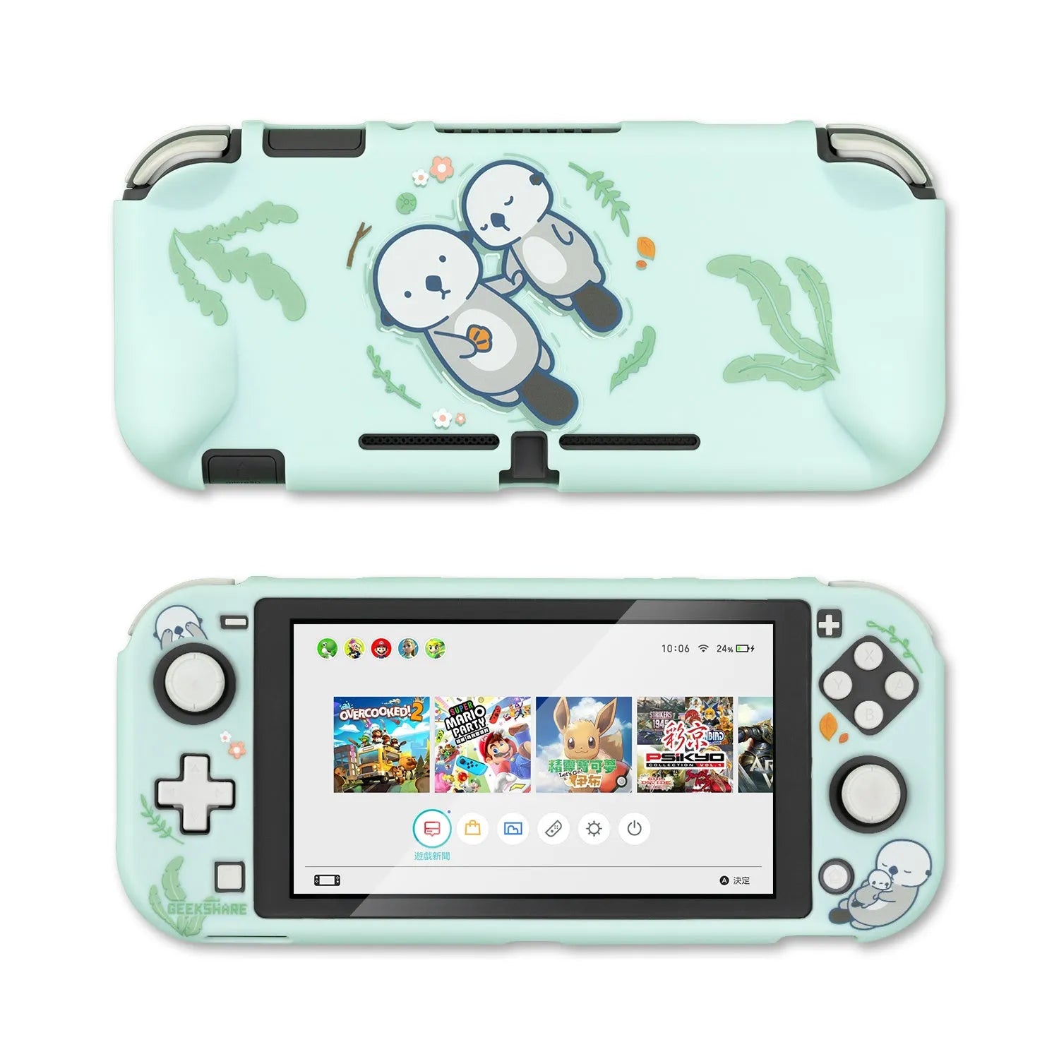 Nintendo Switch Lite protective case with PC hard front, silicone back grip, and waterproof controller sleeves
