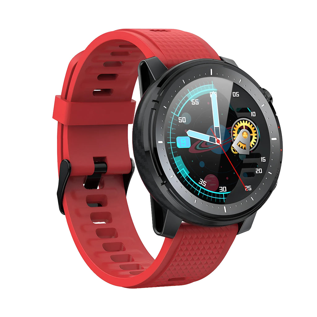 Black or red Android smartwatch with round dial, IP68 waterproof rating, and silicone strap.