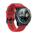 Black or red Android smartwatch with round dial, IP68 waterproof rating, and silicone strap.