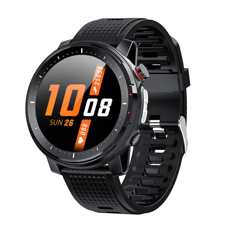 Black or red Android smartwatch with round dial, IP68 waterproof rating, and silicone strap.