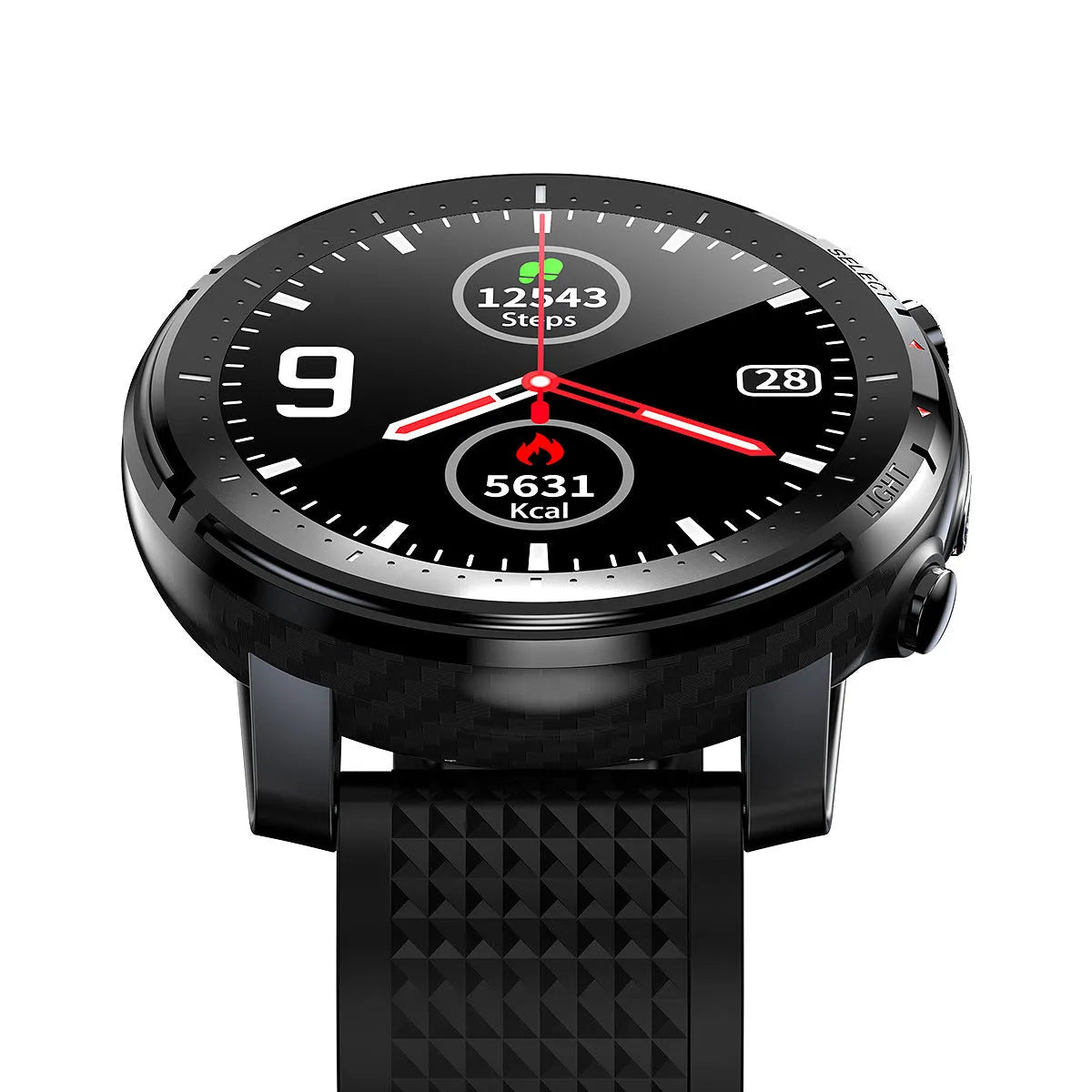 Black or red Android smartwatch with round dial, IP68 waterproof rating, and silicone strap.