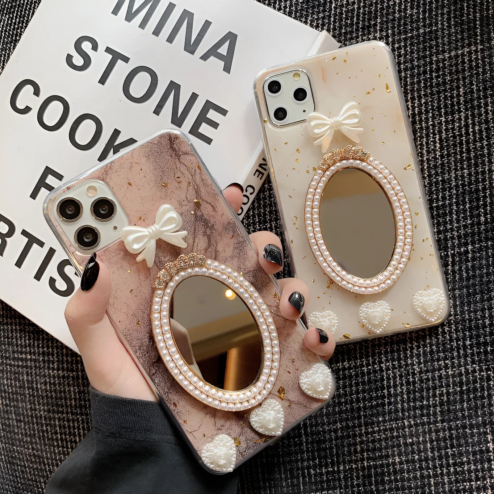 Brown marble pattern iPhone case with rhinestone bowknot and mirror finish.
