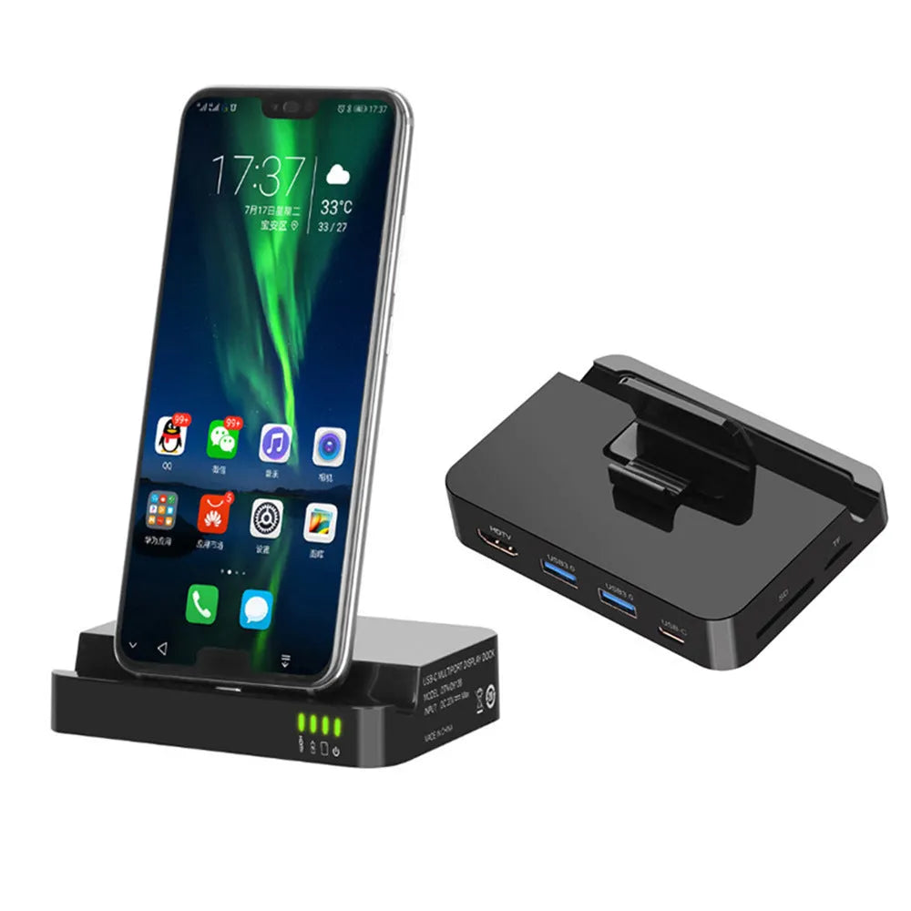 Black mobile phone converter dock for USB Type-C to HDMI connection