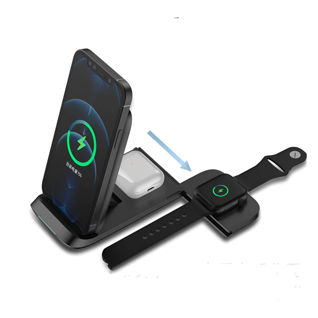 Black foldable three-in-one wireless charger for iPhone, Samsung Galaxy and AirPods showing charging areas