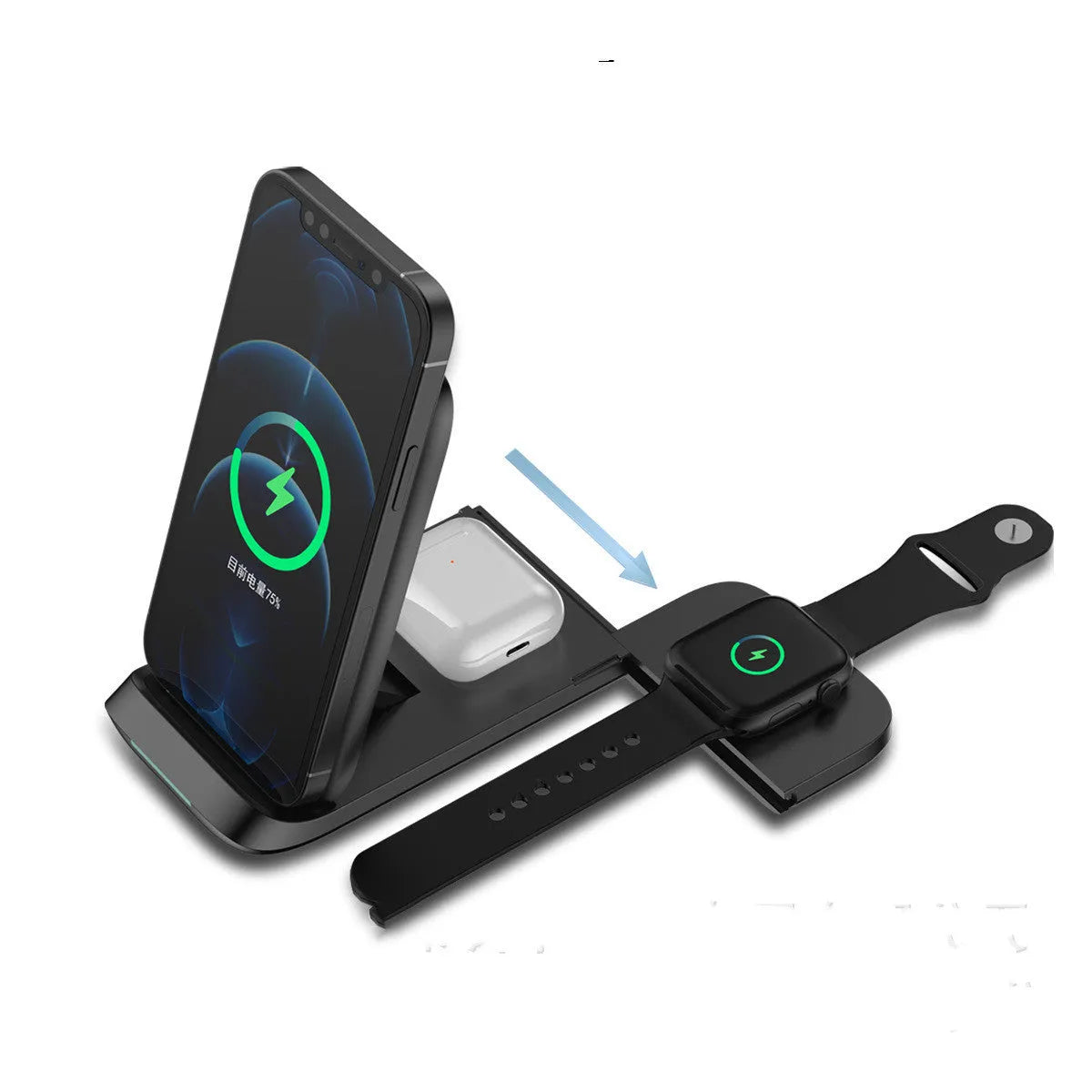 Black foldable three-in-one wireless charger for iPhone, Samsung Galaxy and AirPods showing charging areas