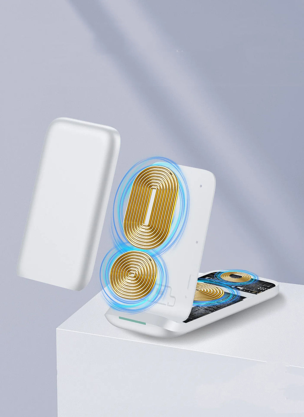 Black foldable three-in-one wireless charger for iPhone, Samsung Galaxy and AirPods showing charging areas