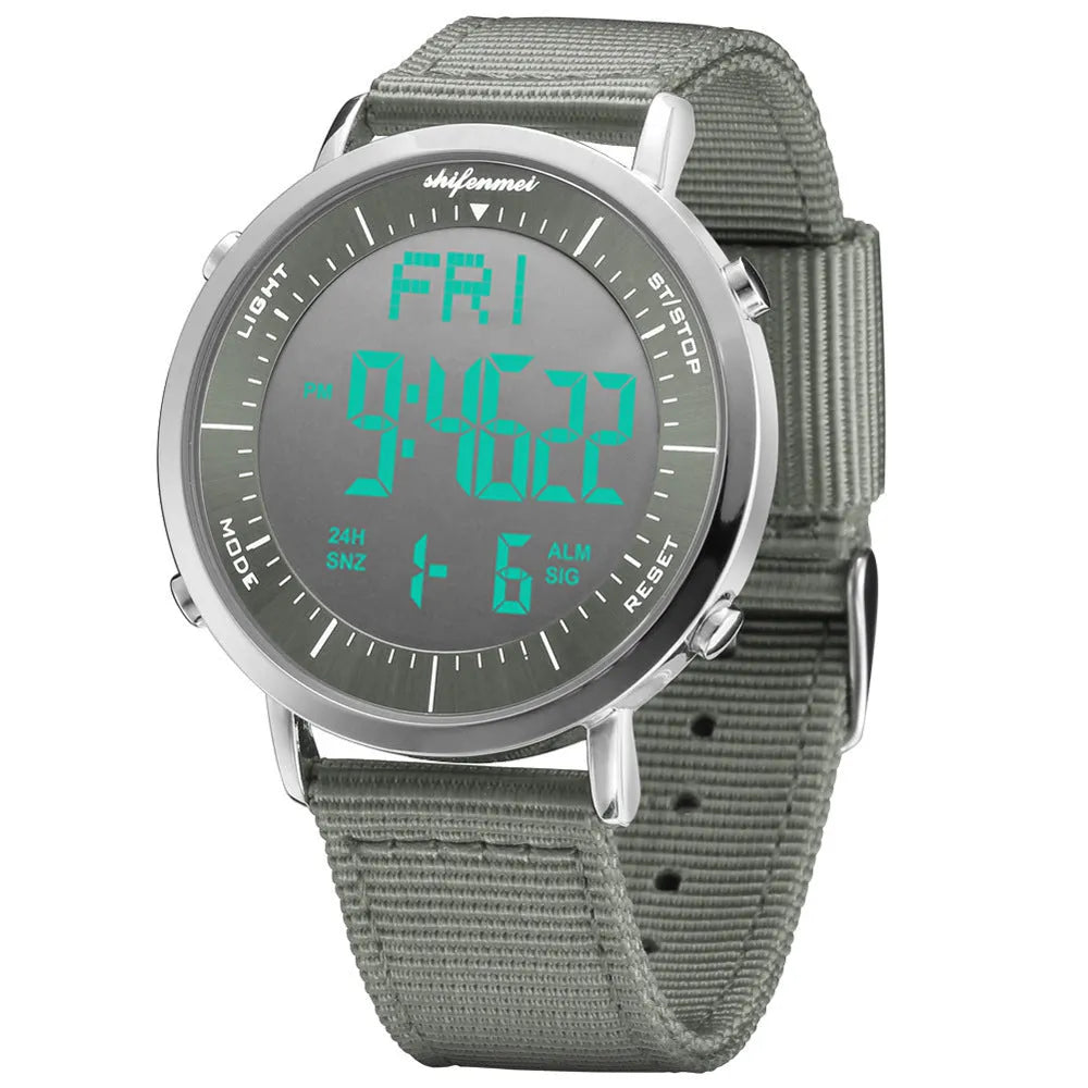 Shifenmei digital sports watch with black case and strap on wrist, showing digital display.