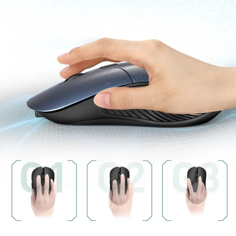 Blue Smart Voice Mouse with 2.4G wireless receiver and voice control button on a desk.