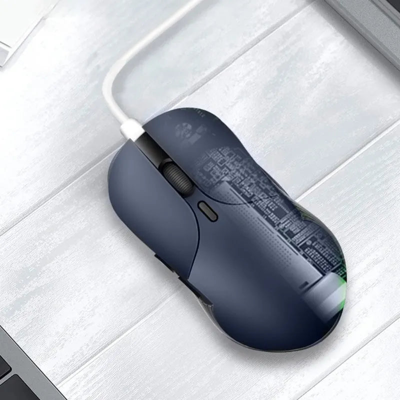 Blue Smart Voice Mouse with 2.4G wireless receiver and voice control button on a desk.
