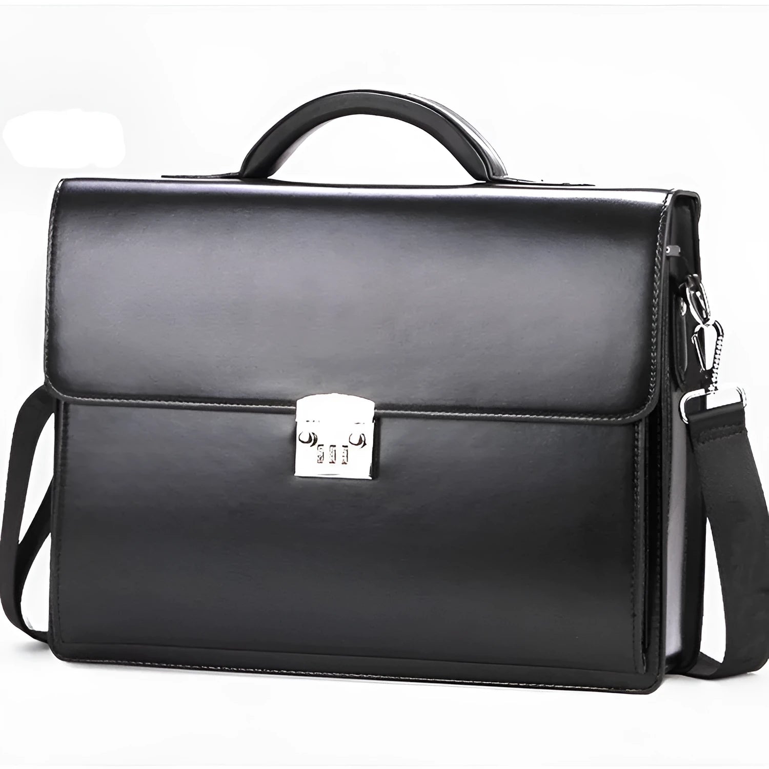 Men's black PU leather business briefcase with horizontal square design and zipper opening
