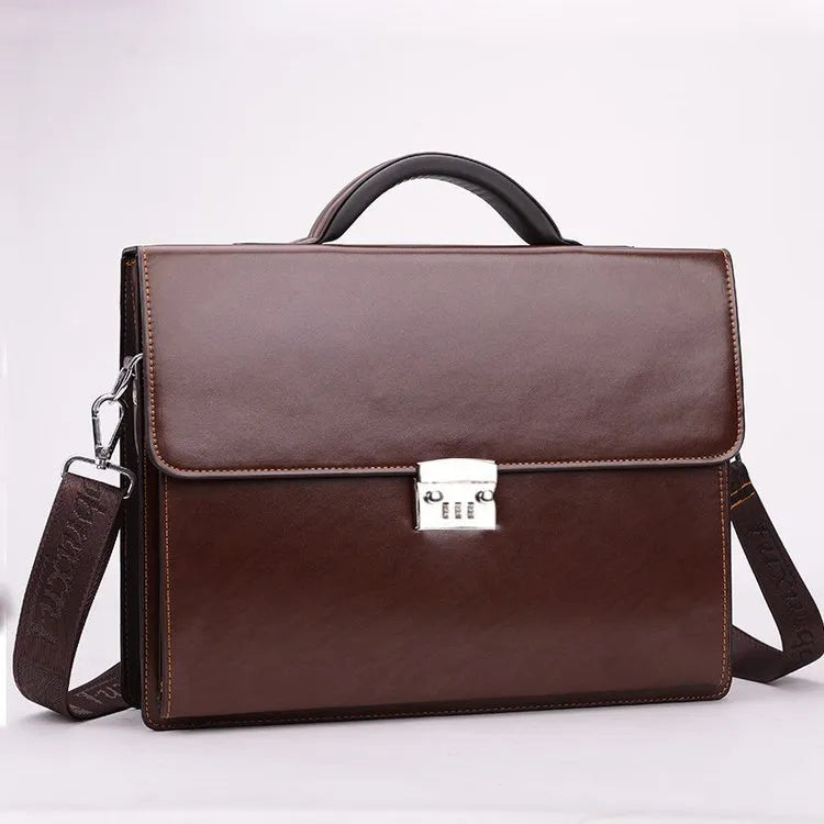 Men's black PU leather business briefcase with horizontal square design and zipper opening