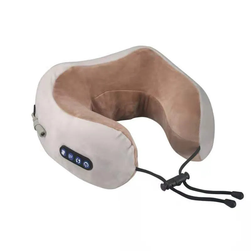 Brown U-shaped electric neck massage pillow with control buttons.