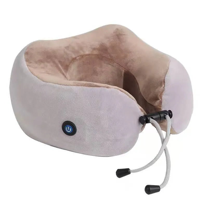 Brown U-shaped electric neck massage pillow with control buttons.