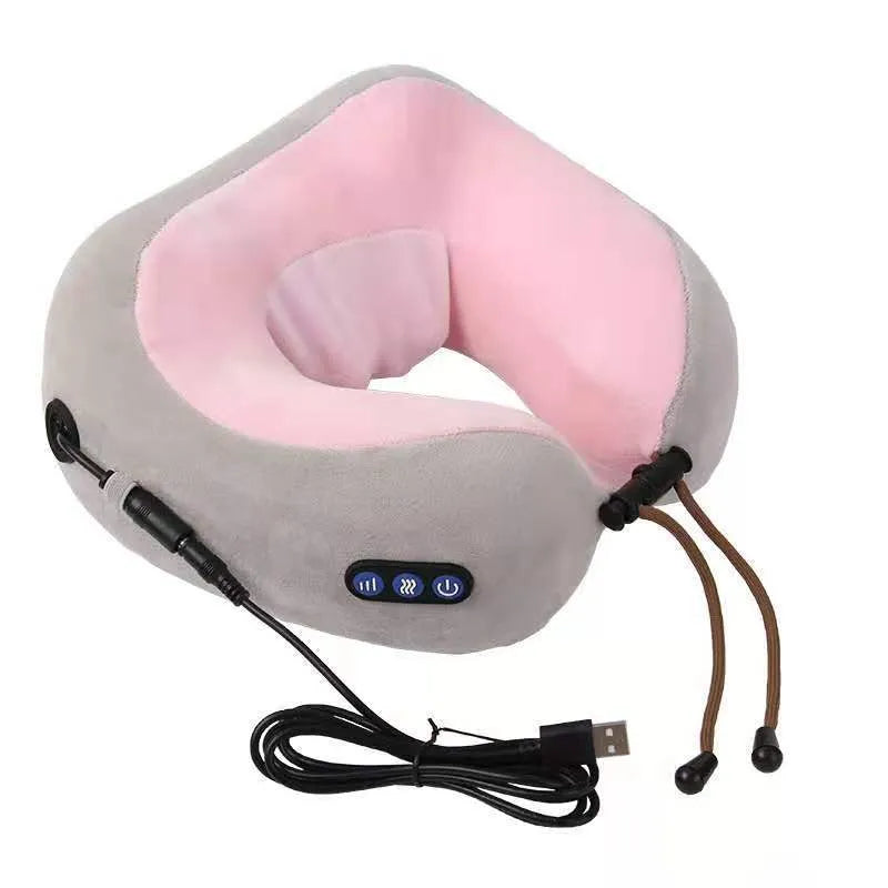 Brown U-shaped electric neck massage pillow with control buttons.