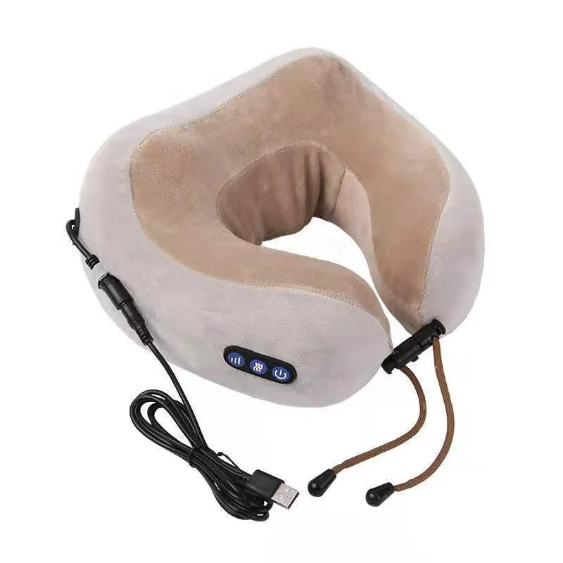 Brown U-shaped electric neck massage pillow with control buttons.