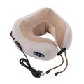 Brown U-shaped electric neck massage pillow with control buttons.