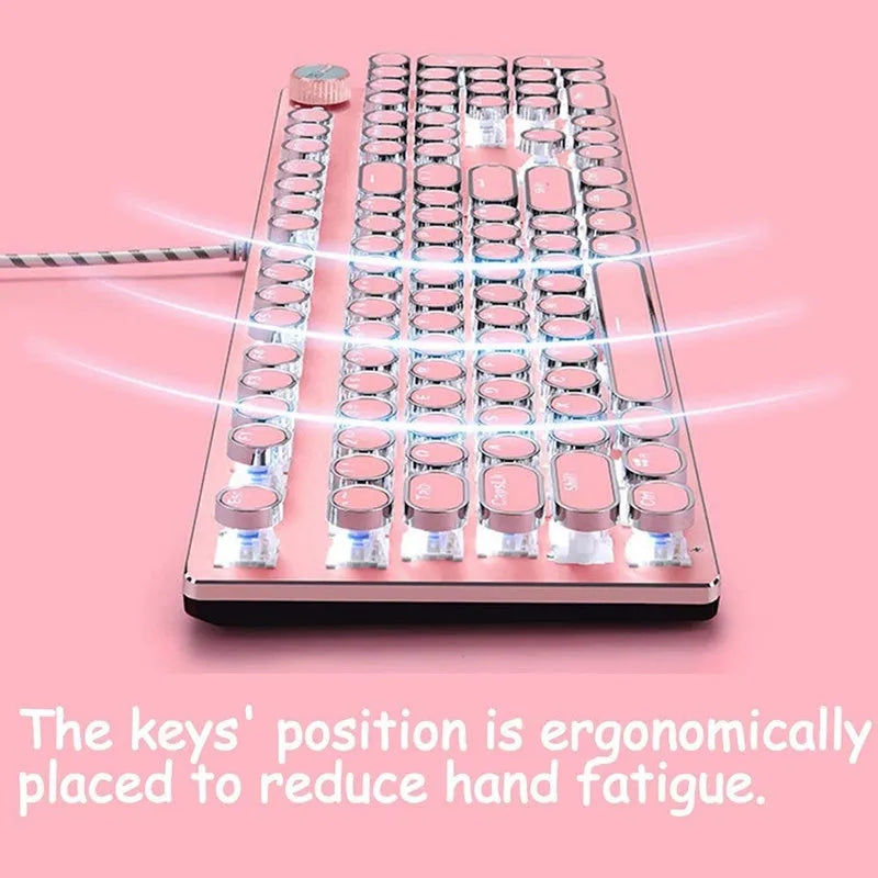 Silver mechanical keyboard with pink accents, green switches, and white LED backlighting