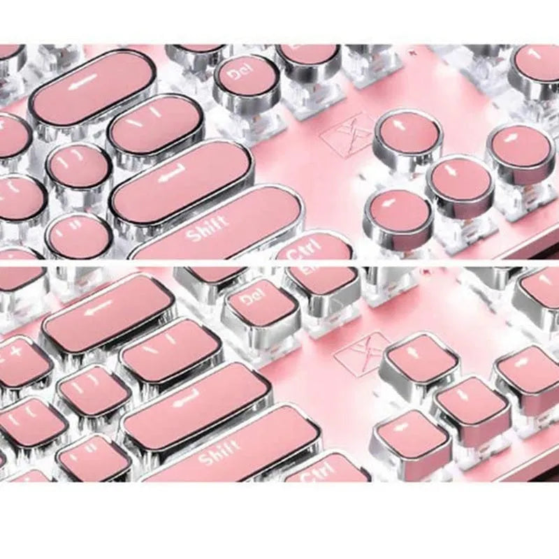 Silver mechanical keyboard with pink accents, green switches, and white LED backlighting