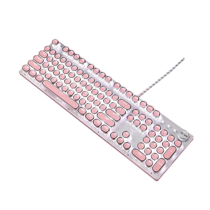 Silver mechanical keyboard with pink accents, green switches, and white LED backlighting