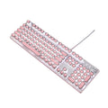 Silver mechanical keyboard with pink accents, green switches, and white LED backlighting