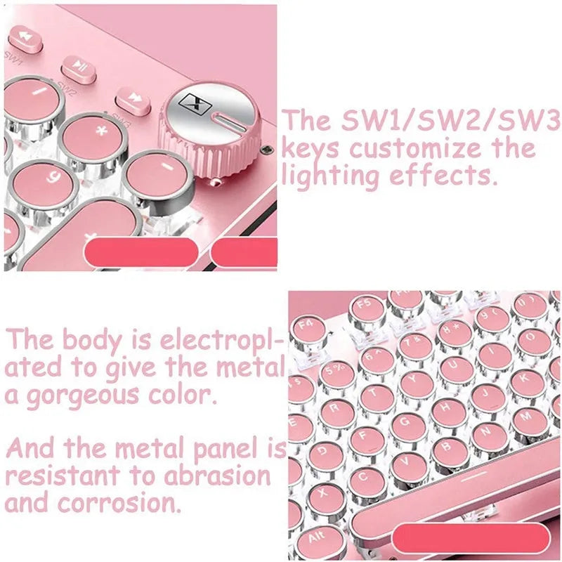 Silver mechanical keyboard with pink accents, green switches, and white LED backlighting