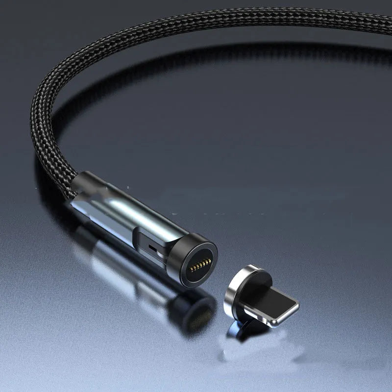 Black magnetic rotating charging cable with interchangeable Apple, Micro USB and Type-C magnetic heads