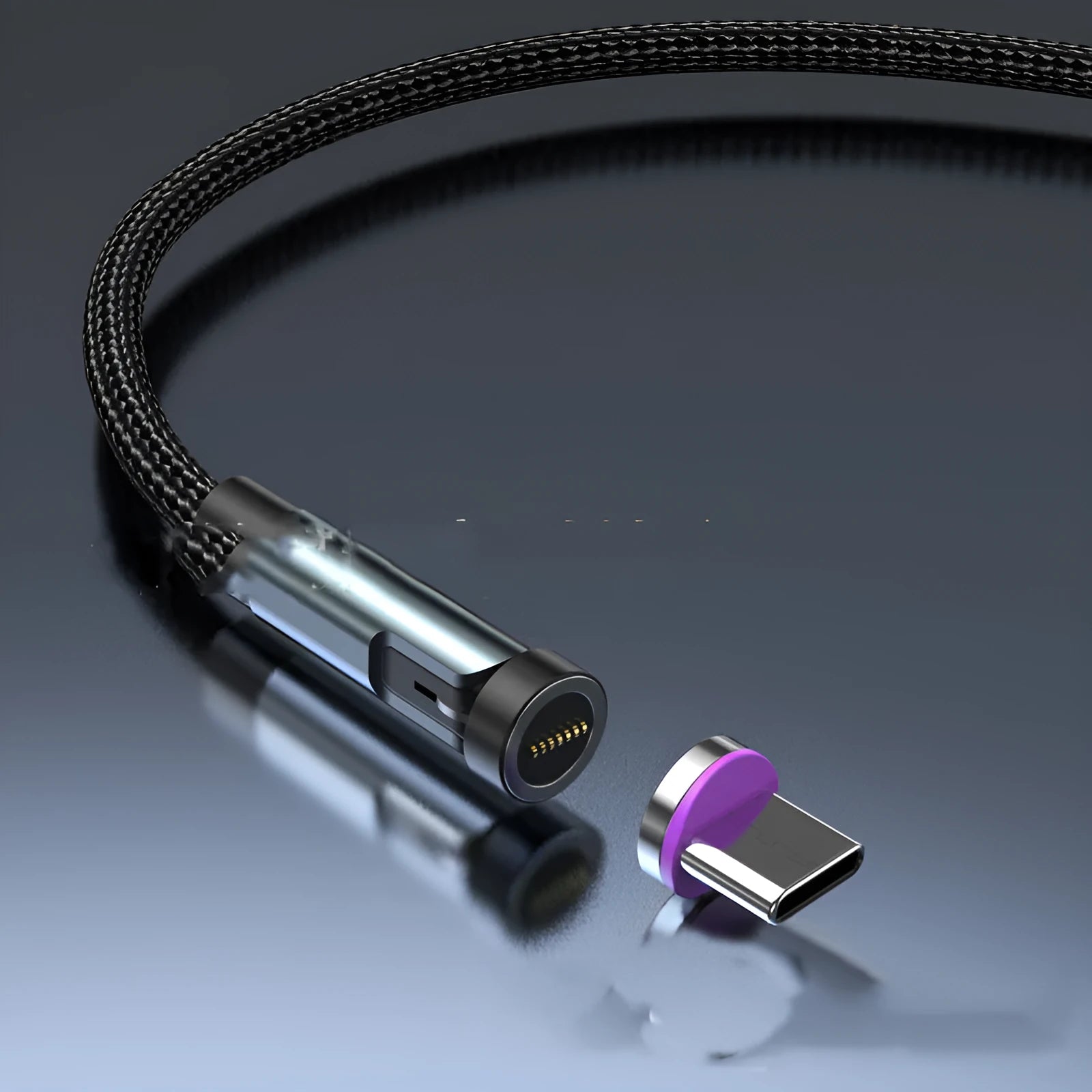 Black magnetic rotating charging cable with interchangeable Apple, Micro USB and Type-C magnetic heads