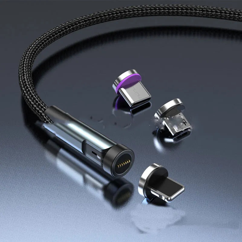 Black magnetic rotating charging cable with interchangeable Apple, Micro USB and Type-C magnetic heads