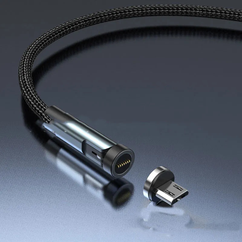 Black magnetic rotating charging cable with interchangeable Apple, Micro USB and Type-C magnetic heads