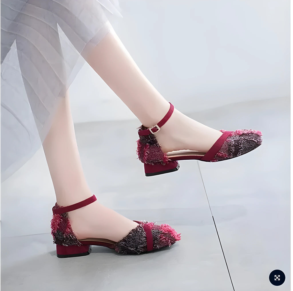 Women's apricot suede D'Orsay flat shoes with an ankle strap and a low rubber sole.