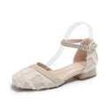 Women's apricot suede D'Orsay flat shoes with an ankle strap and a low rubber sole.