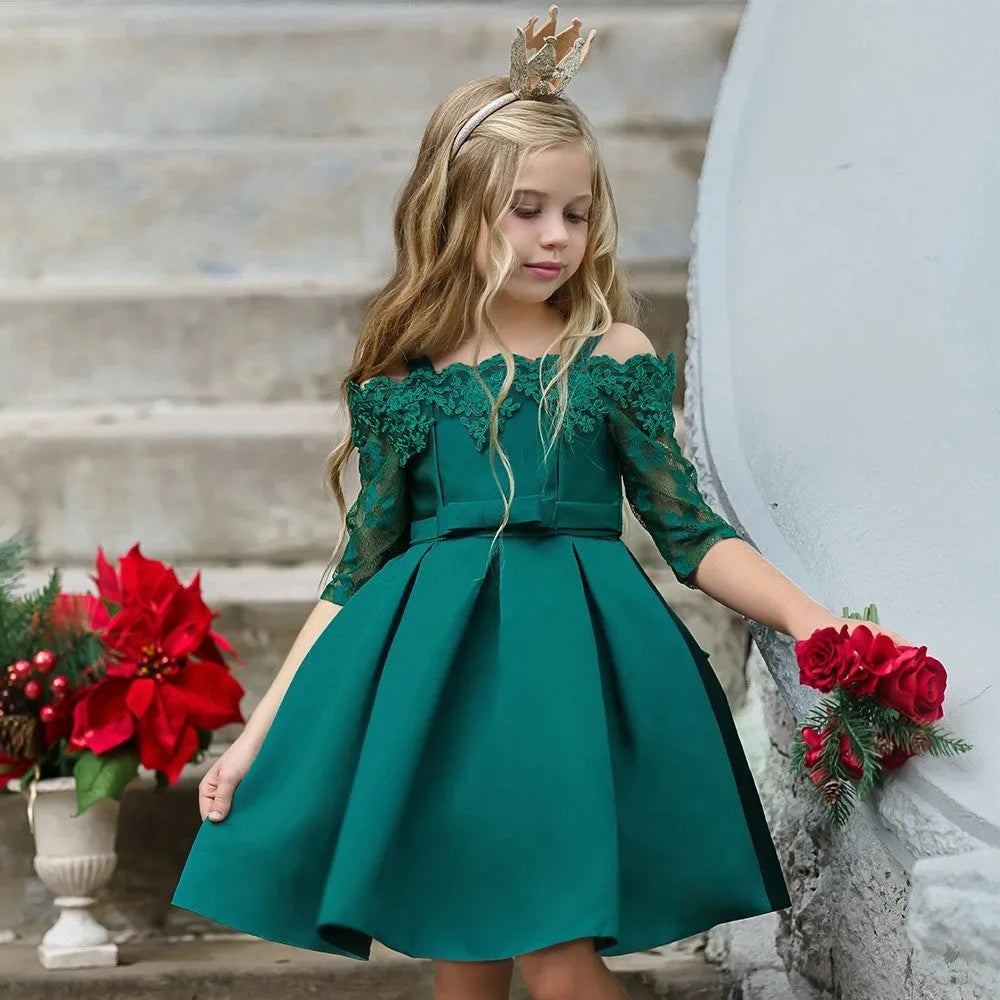 Girls' lace-trimmed dress in colours red, pink, green, white, or dark red.