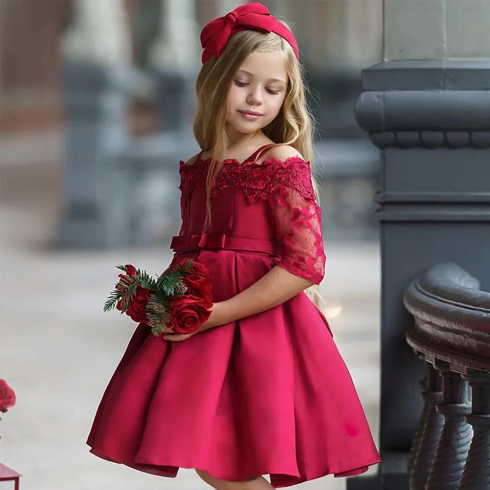 Girls' lace-trimmed dress in colours red, pink, green, white, or dark red.