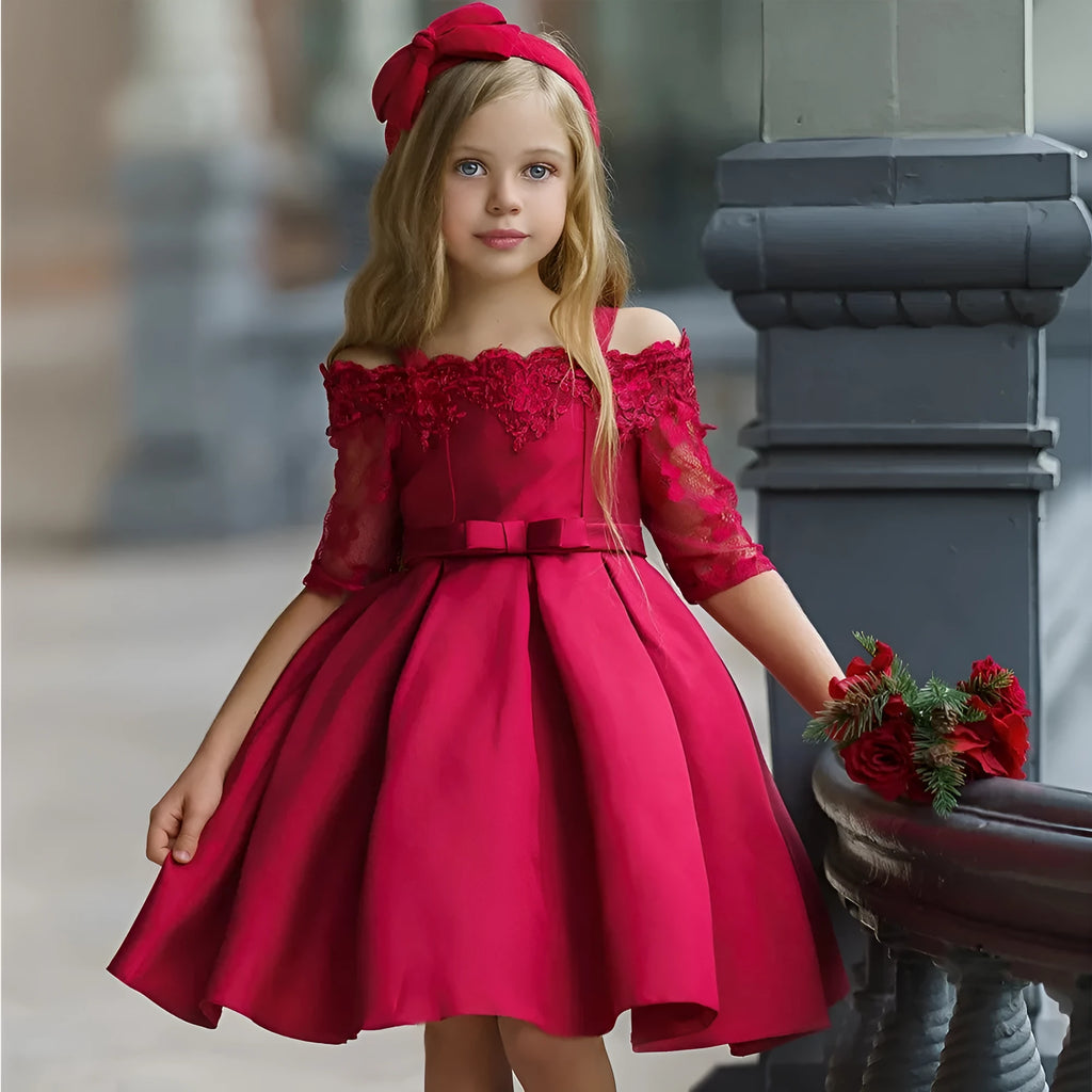 Girls' lace-trimmed dress in colours red, pink, green, white, or dark red.