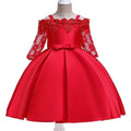 Girls' lace-trimmed dress in colours red, pink, green, white, or dark red.