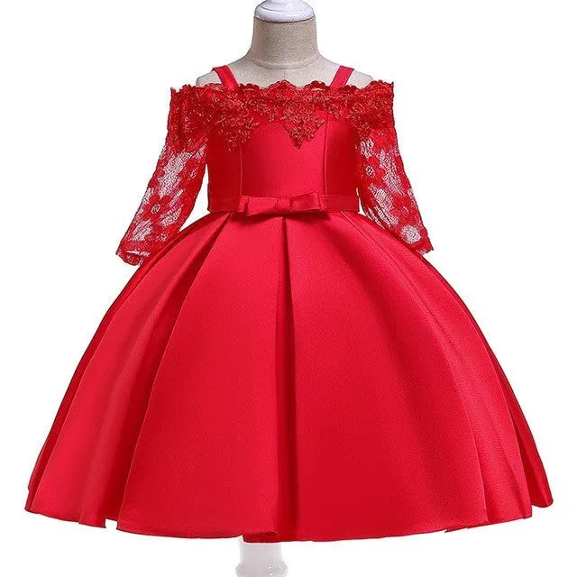 Girls' lace-trimmed dress in colours red, pink, green, white, or dark red.
