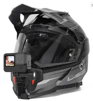 Black motorcycle helmet chin strap mount for GoPro and action cameras with adjustable bracket