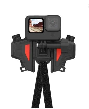 Black motorcycle helmet chin strap mount for GoPro and action cameras with adjustable bracket