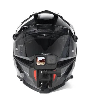 Black motorcycle helmet chin strap mount for GoPro and action cameras with adjustable bracket