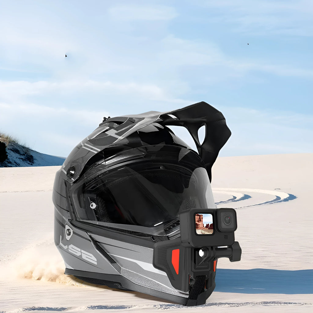 Black motorcycle helmet chin strap mount for GoPro and action cameras with adjustable bracket